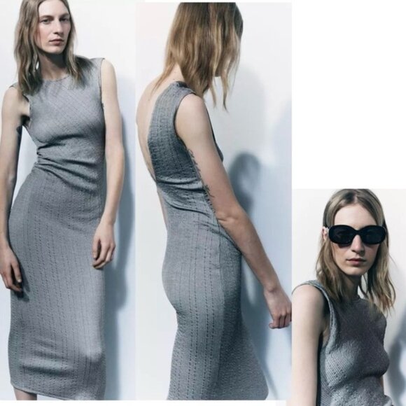 Zara Gray sleeveless textured metallic silver ruched bodycon maxi dress M NWOT - Picture 15 of 15
